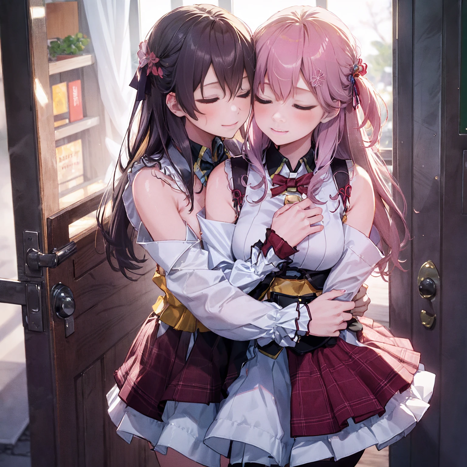 (((2girls))), together, two people, masterpiece, best quality, integrated scenery, integrated background, extremely delicate and beautiful, meticulous details, good composition, closed_eyes, cute face, perfect face, perfect hands, fingernails, sakura miko, SakuraMiko, HoshimachiSuisei, hoshimachi suisei, blurry background, sunlight, light blush, ((school)), looking each other, smile, naked_2girls, (naked:1.4),(hug each other),in_school