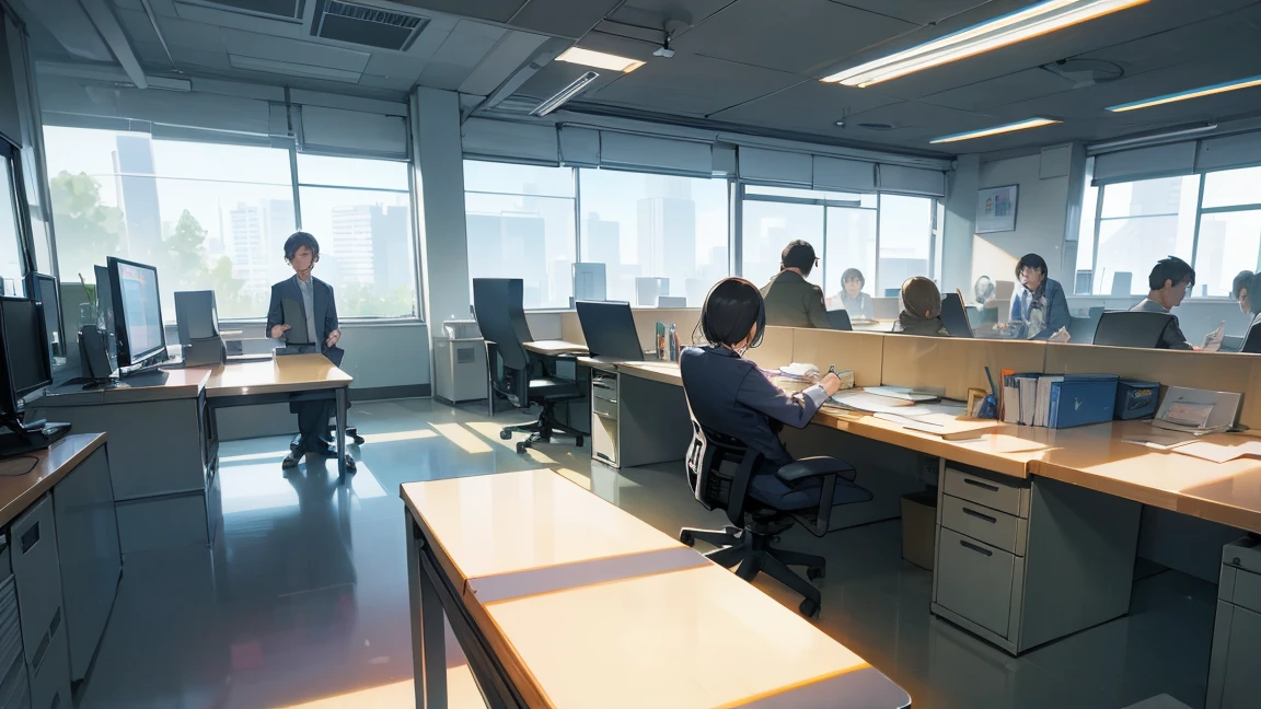 1. Wide Office Background 2. 後ろのpeopleたちはたくさん話していた，Create a lively atmosphere3. HD Graphics Card，4. Details are clearly visible. people々Poses and gestures;standing behind，Demonstrate a positive work attitude5. Create an atmosphere of energy and teamwork6.. Office desk in background、Chairs and other details，Emphasizing the reality of the workplace7. Light and color depiction，Creating a comfortable working environment8. Background decoration and layout，Add depth to your images 9. 舞台裏でのpeople々Exchange，10 Things That Show the Importance of Collaboration and Communication. Vast office background，Emphasize teamwork and efficiency。