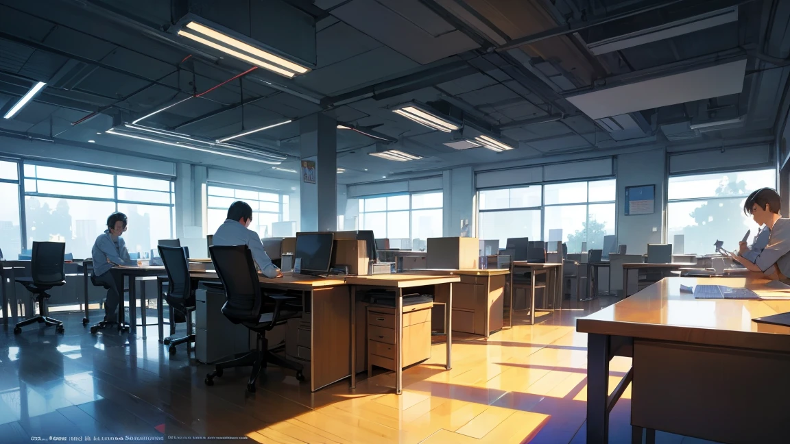 1. Wide Office Background 2. 後ろのpeopleたちはたくさん話していた,Create a lively atmosphere3. HD Graphics Card,4. Details are clearly visible. people々Poses and gestures;standing behind,Demonstrate a positive work attitude5. Create an atmosphere of energy and teamwork6.. Office desk in background、Chairs and other details,Emphasizing the reality of the workplace7. Light and color depiction,Creating a comfortable working environment8. Background decoration and layout,Add depth to your images 9. 舞台裏でのpeople々Exchange,10 Things That Show the Importance of Collaboration and Communication. Vast office background,Emphasize teamwork and efficiency。