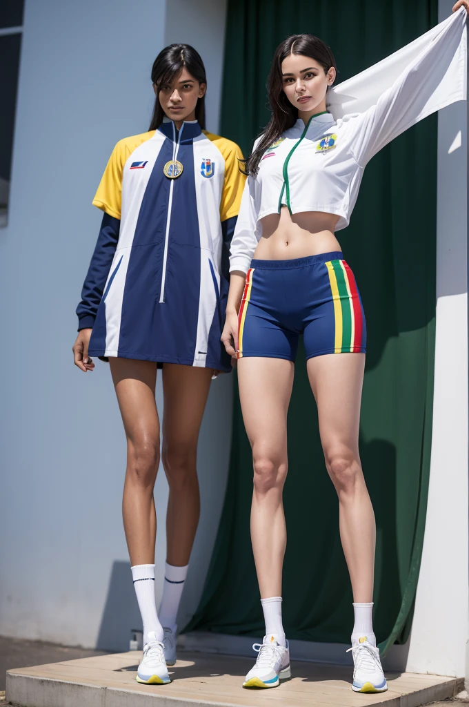create Brazilian uniforms for both men and women for the world olympics in France, which addresses typical things from the country, and flolcore illustrations, clothes on the full-body mannequin  