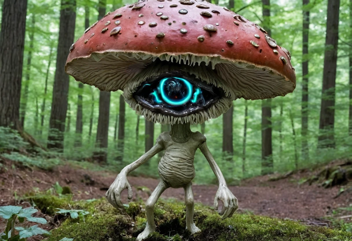 Photo Alien themed anthropomorphic biomechanical android monster alien mushroom, Extraterrestrial, 35mm Photography