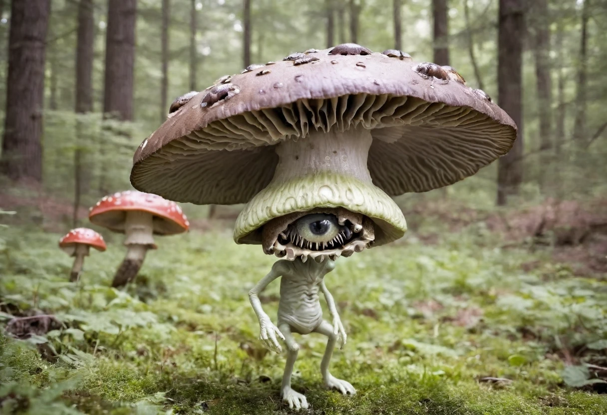 Photo Alien themed anthropomorphic biomechanical android monster alien mushroom, Extraterrestrial, 35mm Photography