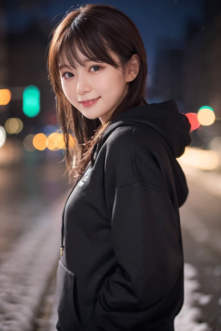 1 girl, (Wear a black hoodie:1.2), (original photo, highest qualThaty), (Practical, Practical:1.4), On the table, Very refined, Very detailed, 2k wallpapers, wonderful, Finely, Very detailed CG UnThaty 8K 壁紙, Very detailed, high resolution, Soft Light, Beautiful and delicate girl, Very detailed目と顔, Beautiful and delicate nose, Finelyて美しい目, Cinema Lighting, Illuminations That light up the cThaty on a snowy night, Snow Scene, That'That'That'it'Snowing, Snowflakes fall on my hair, Perfect anatomical structure, slim body, Very nervous,
Straight half-length hair, Bangs, Looking at the audience, Smile、Plush scarf