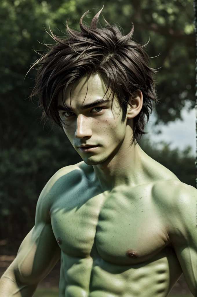 anime style character, male gender, dark green, messy hair, emerald and big eyes, White skin, freckles on both cheeks, happy look, bare torso, sports sorts