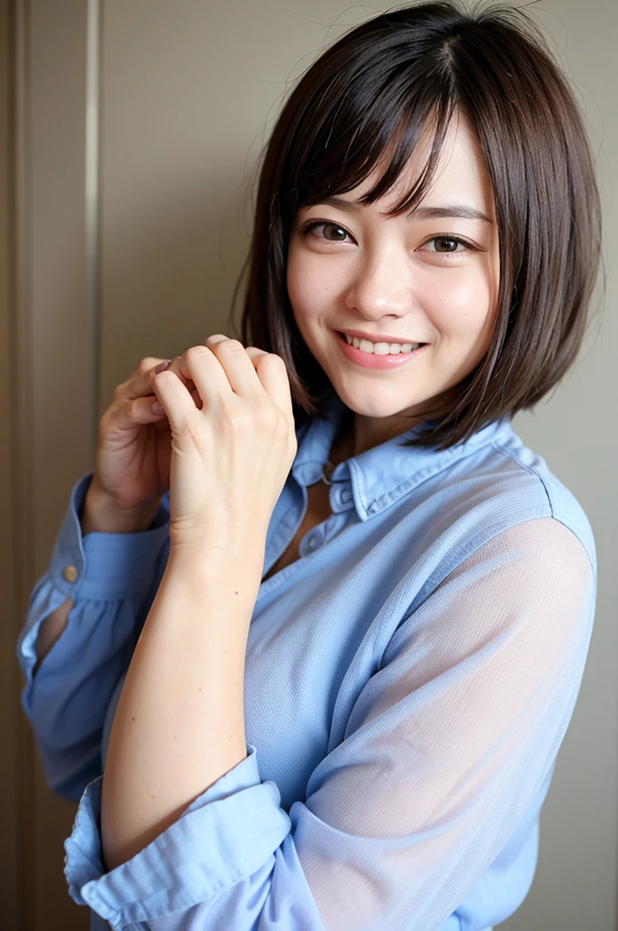 Top quality, 1 beautiful woman, super short Hair, Giddy Smile, wearing Blouse, Close Up