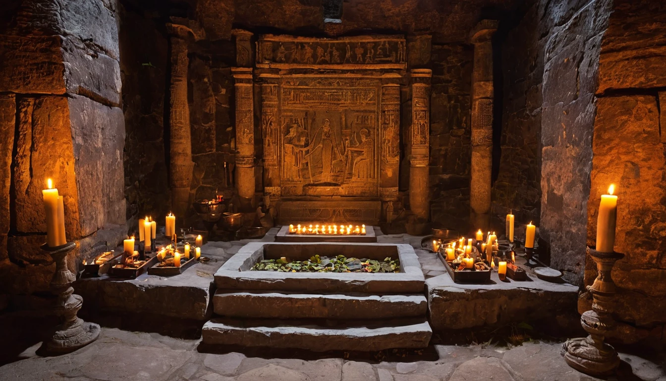 An ancient ritual chamber with relics, candles, and a large stone altar.