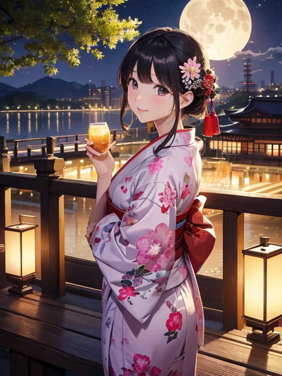 (Highest quality、masterpiece、High resolution、8K)、Vibrant colors、Japanese Festivals、Digital Art、City of night、A full moon in the distance、Midsummer evening、Beautiful yukata、