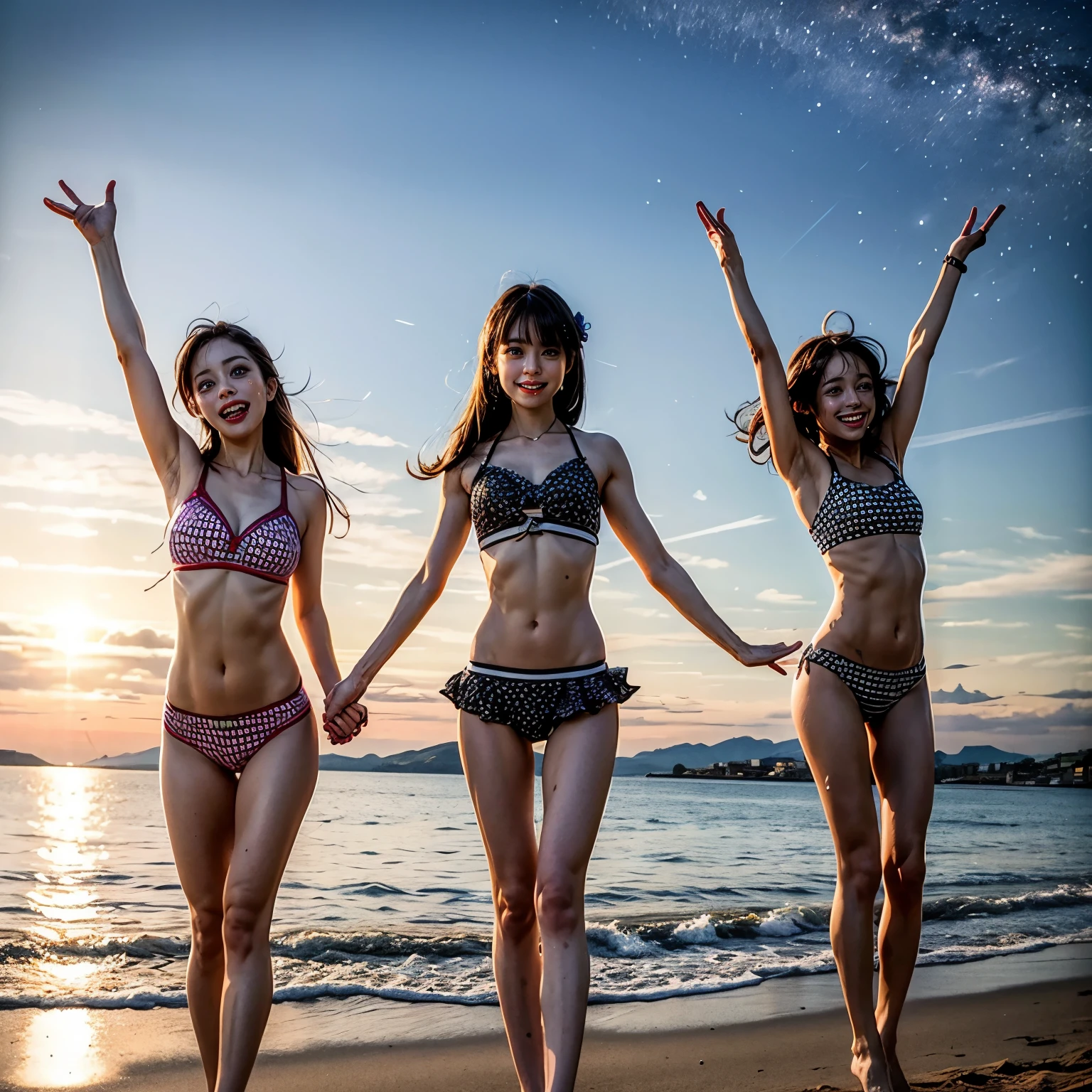 ManoErina, awaitingtongue, ((ExtremelyDetailed (12 PICHIPICHI KAWAII Girls Floating in The Air in a row:1.37) in WHITE at Dusk Enoshima Beach)), (masterpiece 8K TopQuality) (ProfessionalPhoto:1.37), {(Standing Full Body:1.2)|(from below:1.2)}, Different types of hair colors, {(skinny(SchoolSwimwear))|(SchoolUniform)with Tiny AthleticShorts}, {Detailed Childish hand|Hidden hand|Armpit|Different types of breasts of various sizes from HUGE to FLAT|(Clearly Visible the shape of Butt)}, Joyful Expressions LifeLike Rendering, PerfectLighting, (Dazzling Horizon Visible through ThighGap), (Starry IridescentParticles:1.22) ColorfulClouds