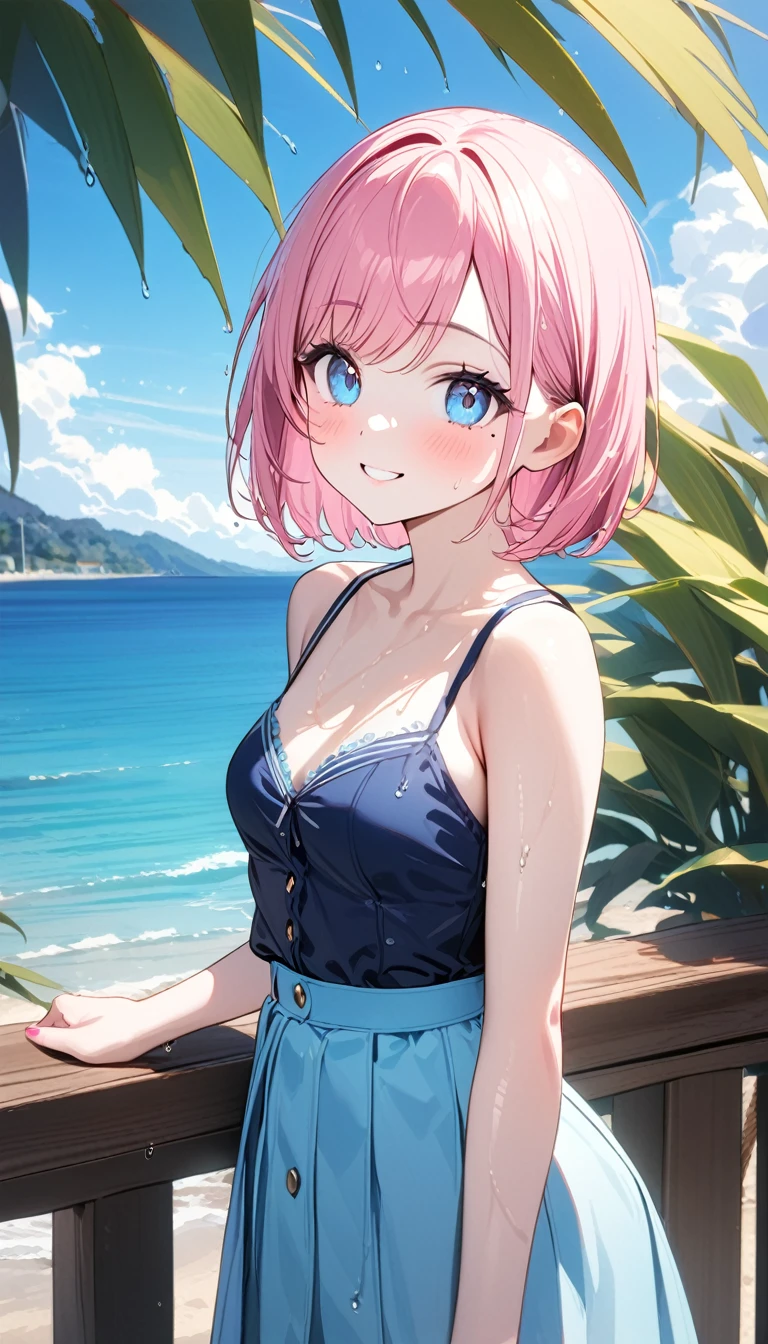 (1 girl),(Best Picture Quality, 8K, Masterpiece:1.3), (high school student:1.5), ((pink lob hair:1.1)), (bob cut),(swept bangs), (cute eyes, pupil black, iris skyblue, youthful face), (mole under right eye), (standard weight), (small breasts), (glistening skin:1.1),(pale skin:1.2),((Trendy fashion:1.3)),(wet:1.1),((summer scene:1.2)),(magnificent view),(overlooking),(Smile).