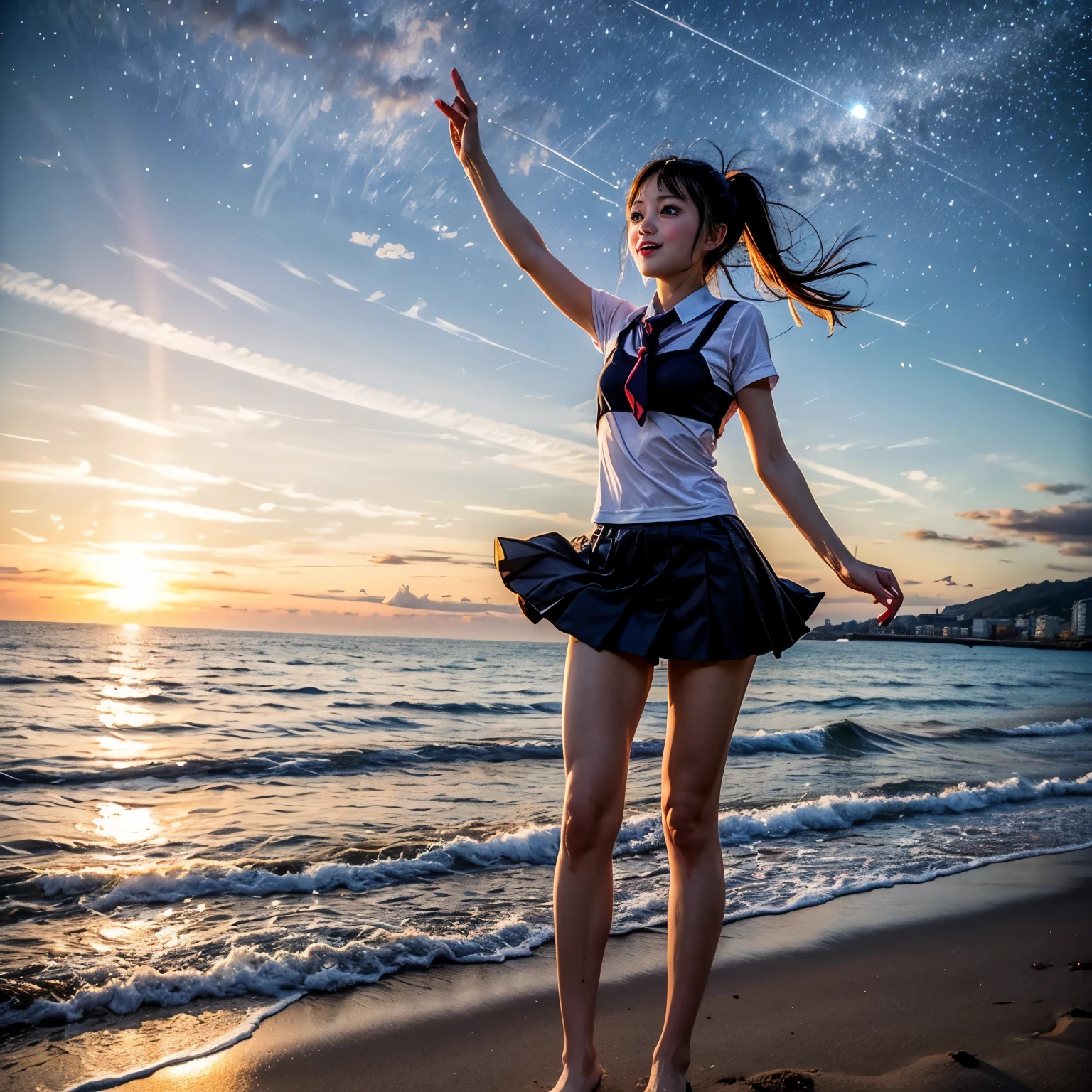 1girll, Solo,Smile, beach,(Sunset:1.1), star hair ornament, Sparkle, Looking back, Huge sunset,Girls' uniform, Sea,grey pantyhose,high-heels,standing
