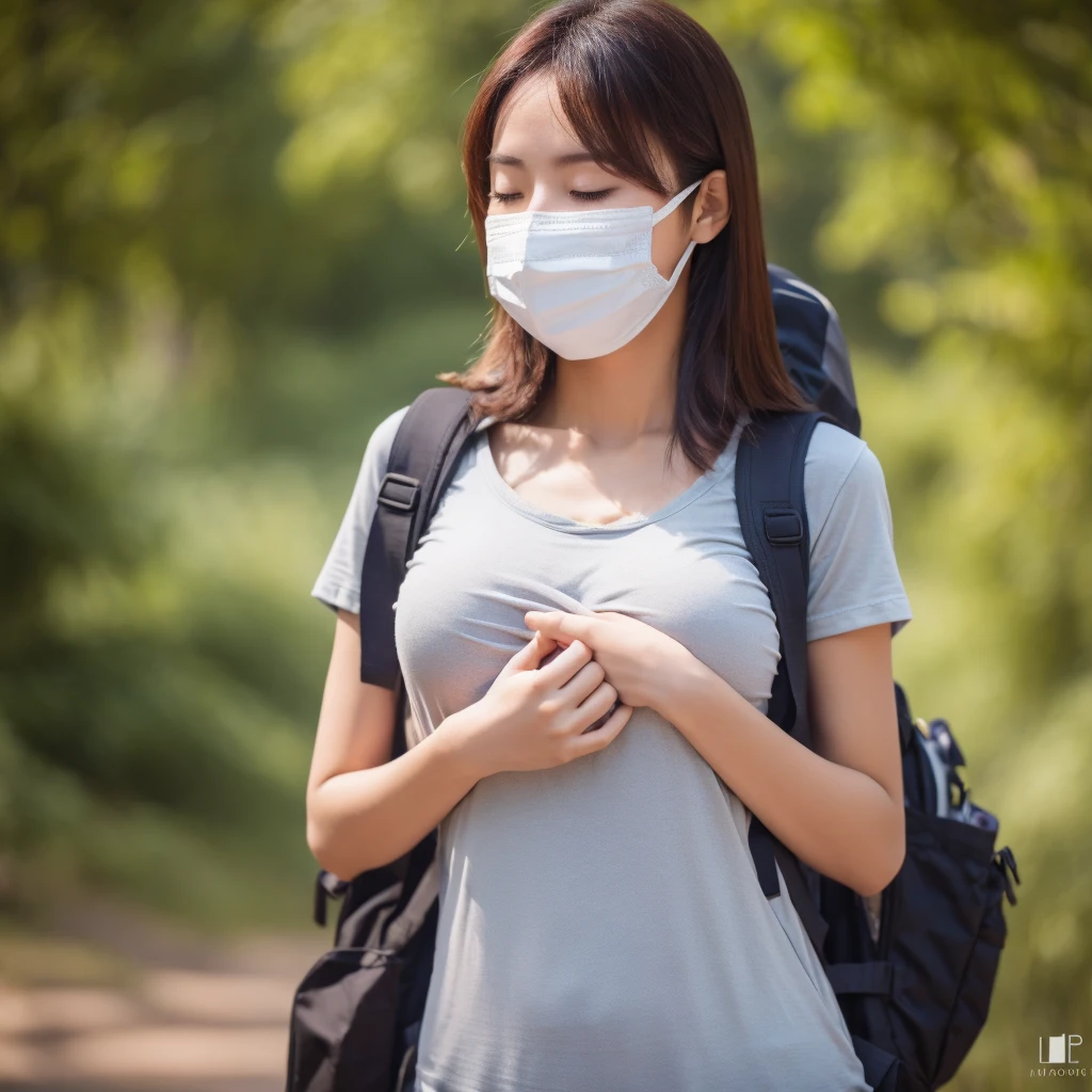 A woman looks uncomfortable wearing a mask，Wearing a T-shirt，Backpack，With eyes closed，Place your hands on your chest，Professional photography，Highest quality，8K