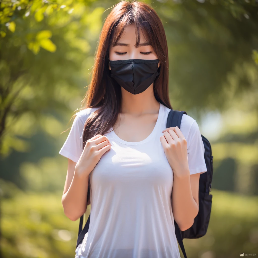 A woman looks uncomfortable wearing a mask,Wearing a T-shirt,Backpack,With eyes closed,Place your hands on your chest,Professional photography,Highest quality,8K