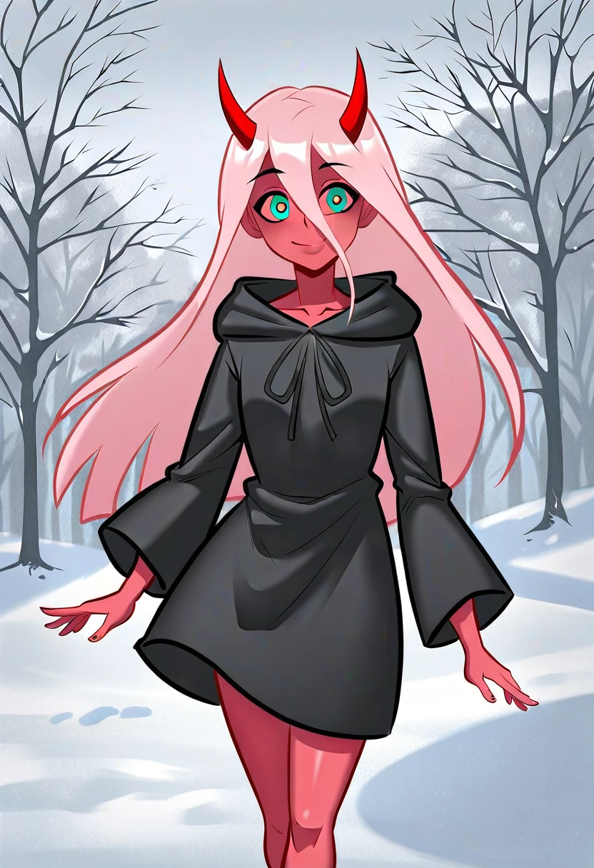 (score_9, score_8_up), score_7_up, score_6_up, score_5_up, score_4_up, Zero Two, 1girl, masterpiece, best quality, long hair, (red skin), red horns, pink hair, green eyes, colored sclera, black robe, noon, outdoors, forest, snow, covered in snow, walking, dramatic cloudy light, cute smile, dancing