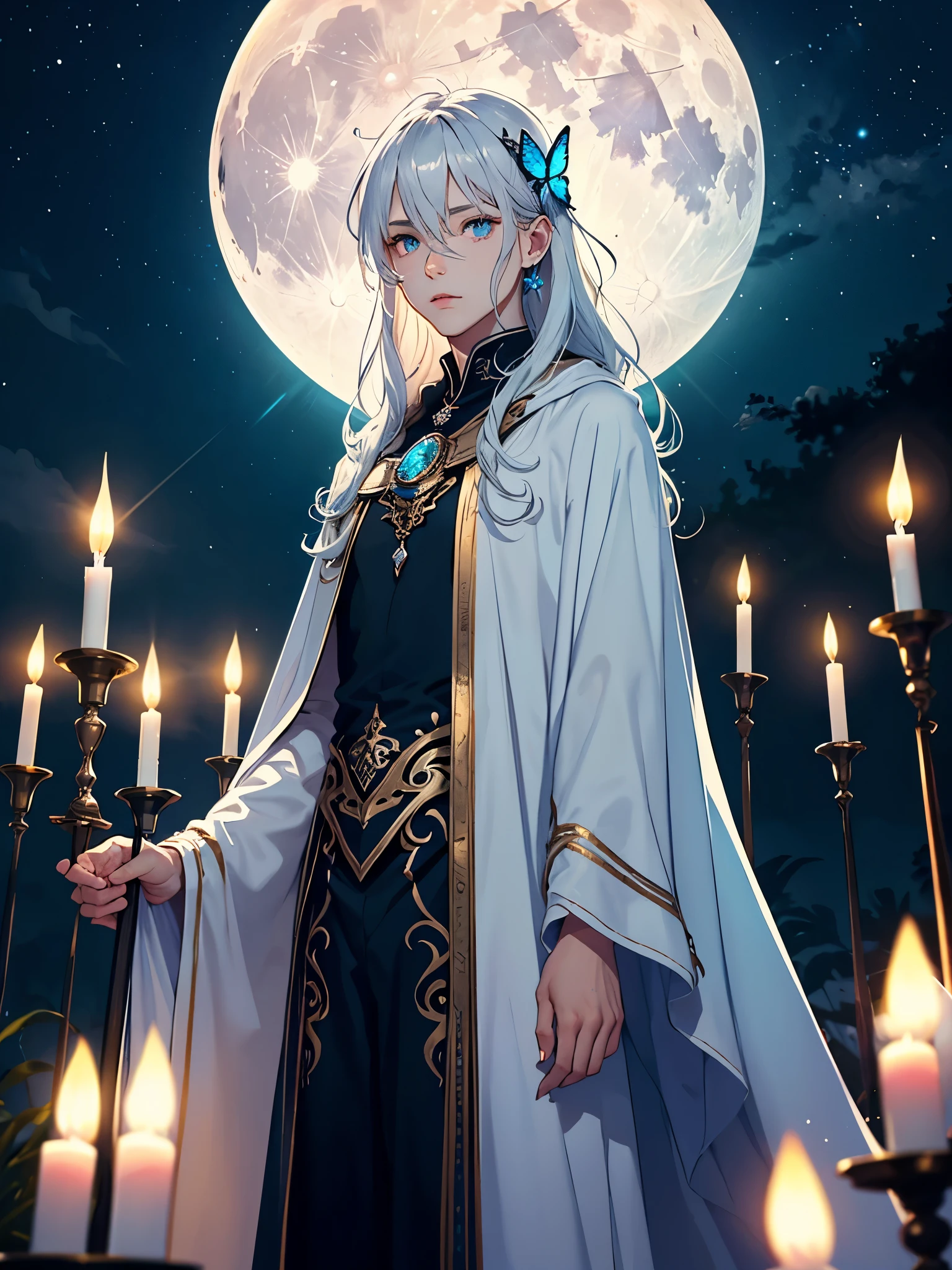 masculine. tao. light blue. magical. Magik. magic. Blue shine. glitter. mystical. divine. Blue butterfly. With pink candles and light blue flowers. Long hair. long white hair. aquatic, boy, Goddess of the Moon, silver hair accessories, White hair, White dress, cape, at night, saturated colors, light eyes, bright, light blue light, blue eyes, Jewelry silver, bluish light, Full moon in the background, aquatic in the air pink candles