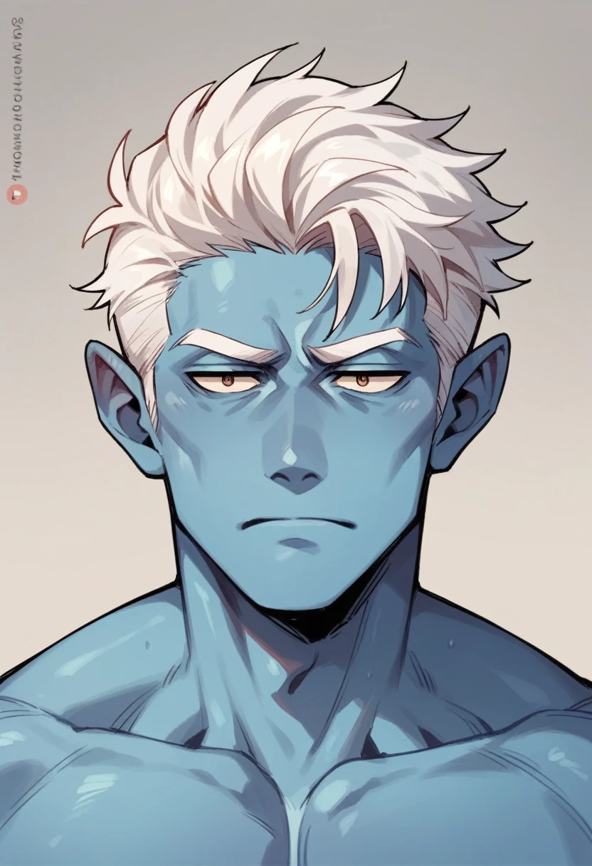 Male, handsome, shirtless, white haired, cool face, blue skin