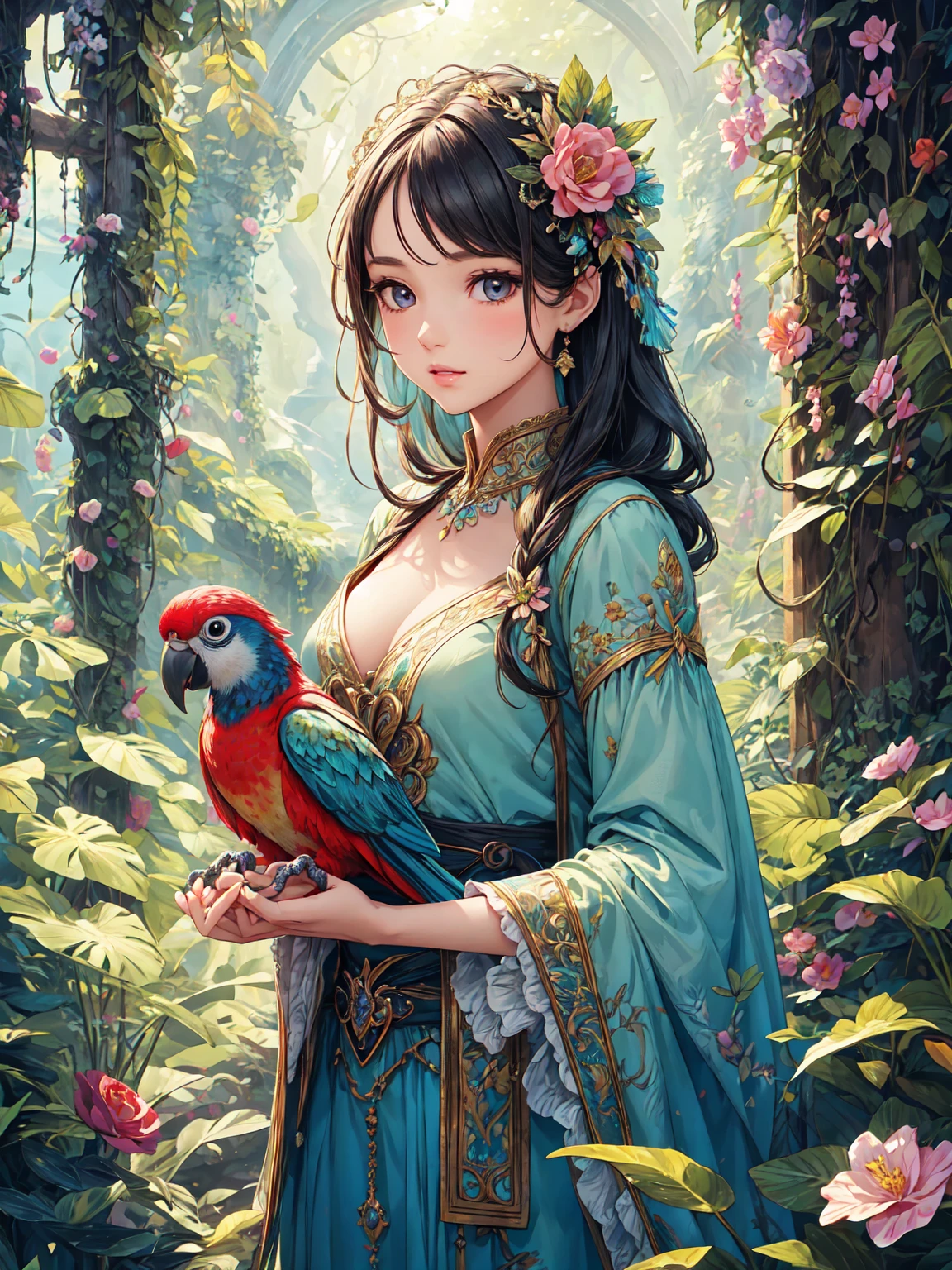 a young girl with a parrot,beautiful detailed eyes,beautiful detailed lips,extremely detailed eyes and face,longeyelashes,1girl,intricate detailed fantasy creature,gentle breeze,soft natural lighting,detailed garden background,beautiful vibrant colors,detailed ornamental plants,detailed foliage,highly detailed,masterpiece,photorealistic,digital art