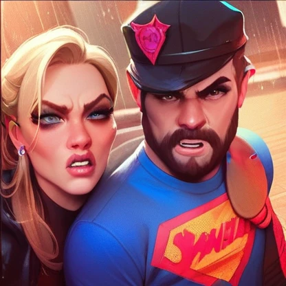 Angry man hugs sexy blonde woman