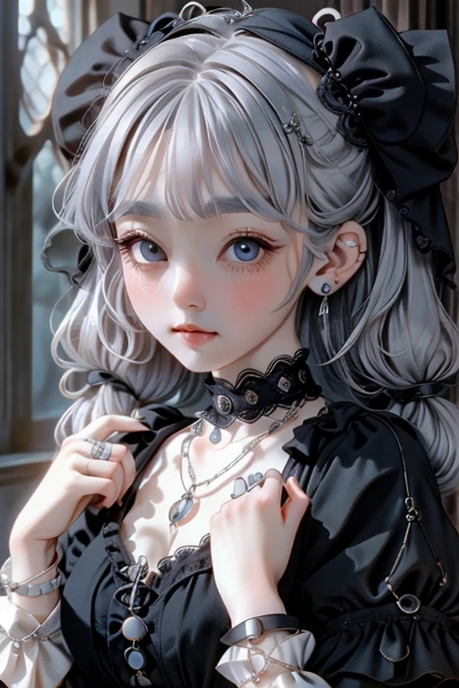 high quality, Lots of details, A girl with silver hair and twin tails poses cutely. They are dressed in vintage gothic clothing, Putting on a bracelet, Earrings and Necklaces. I can see big things. The photo is a close-up of the face, ,Big eyes