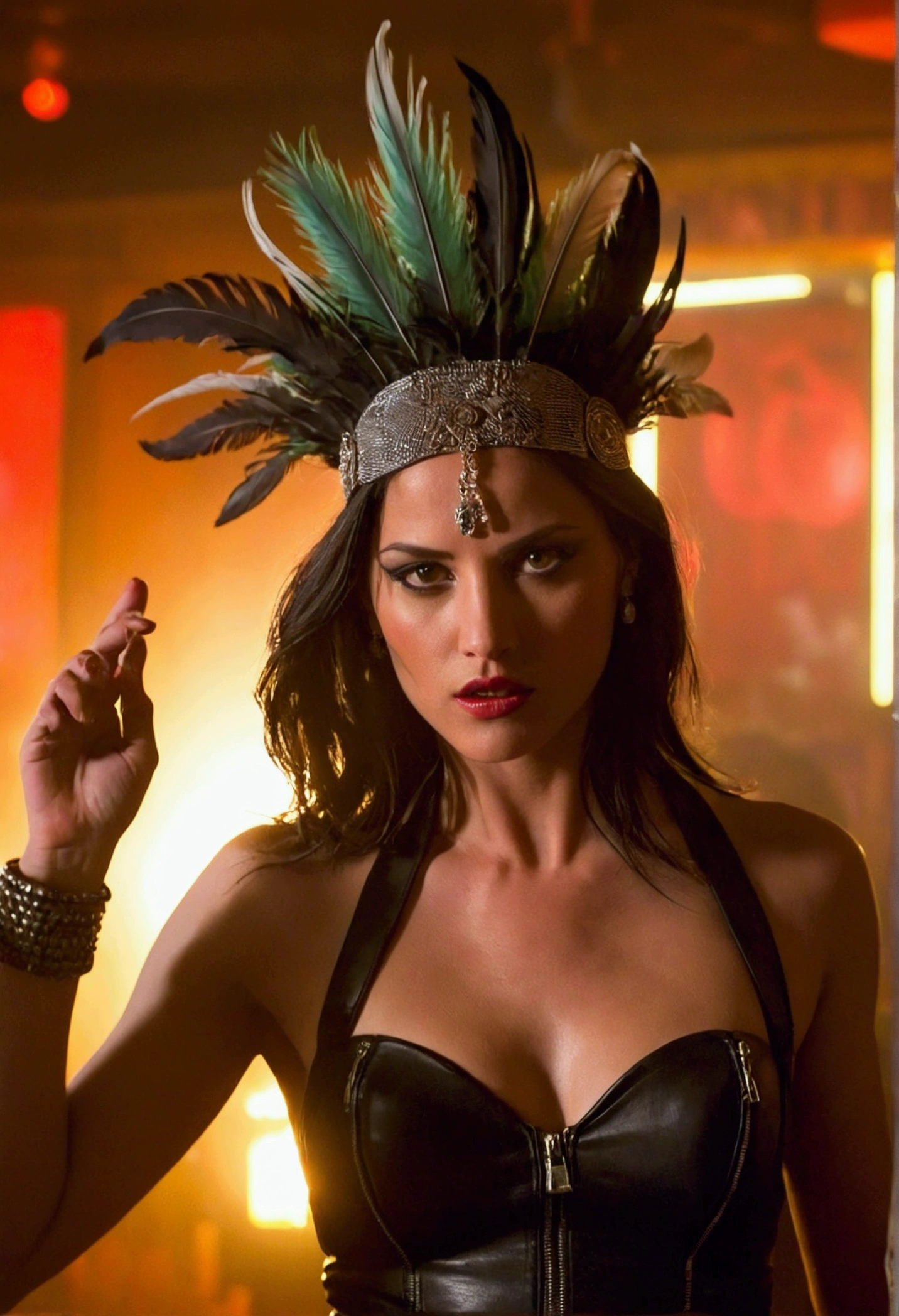 "A bright and intense scene from the film From Dusk Till Dawn featuring Santanico Pandemonium's seductive dance in a biker bar. The colour palette is dominated by rich, warm hues reflecting the neon lights and rustic decor of the bar. Santanico, a female vampire, is wearing an iconic feather head ornament on her head, adding an exotic and alluring touch to her outfit. Her facial expression is a mixture of seduction and danger, her eyes glowing with an otherworldly light. The background is a blur of movement and colour, emphasising the wild energy of the bar. The lighting is dim and smoky, adding to the sense of mystery and tension. The atmosphere is charged with tension and desire, and Santanico's hypnotic dance mesmerises both the characters and the audience."