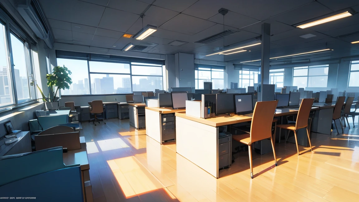 anime, 1. Wide Office Background 2. 後ろのpeopleたちはたくさん話していた，Create a lively atmosphere3. HD Graphics Card，4. Details are clearly visible. people々Poses and gestures;standing behind，Demonstrate a positive work attitude5. Create an atmosphere of energy and teamwork6.. Office desk in background、Chairs and other details，Emphasizing the reality of the workplace7. Light and color depiction，Creating a comfortable working environment8. Background decoration and layout，Add depth to your images 9. 舞台裏でのpeople々Exchange，10 Things That Show the Importance of Collaboration and Communication. Vast office background，Emphasize teamwork and efficiency。