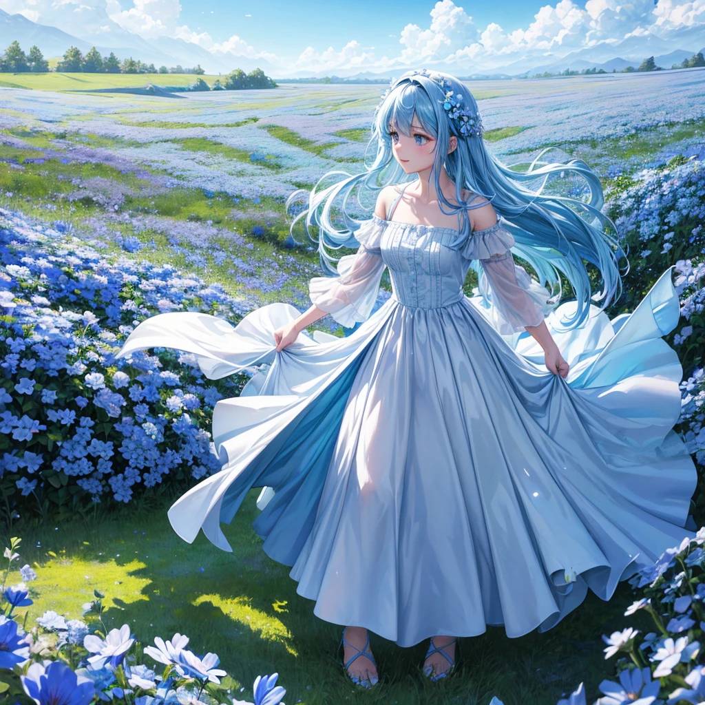 (absurdres, highres, ultra detailed, UHD, cinematic), solo, 1girl, mature, happy, girl standing in light blue flower field, light blue flower petal surrounding girl, full body, blue long hair girl, light blue hair, fantasy, dreamy, snowy, official art, pop art, profile, ultra detailed face, ultra detailed eyes, light blue flower field, ultra detailed field, white blue sky, cold, light blue, white, nebula in the sky, blue tree, watercolor, pastel color