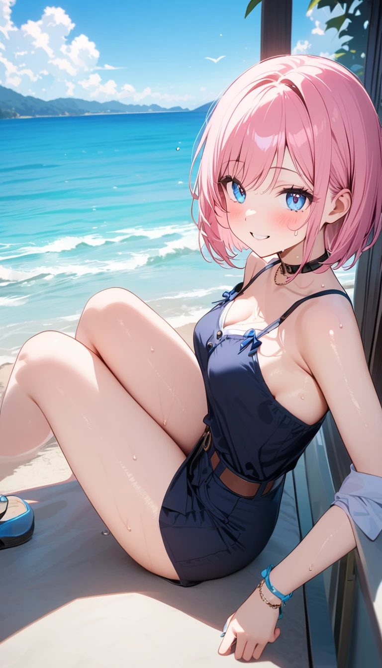 (1 girl),(Best Picture Quality, 8K, Masterpiece:1.3), (high school student:1.5), ((pink lob hair:1.1)), (bob cut),(swept bangs), (cute eyes, pupil black, iris skyblue, youthful face), (mole under right eye), (standard weight), (small breasts), (glistening skin:1.1),(pale skin:1.2),((Gyaru fashion:1.3)),(wet:1.1),((summer scene:1.2)),(magnificent view),(overlooking),(Smile).