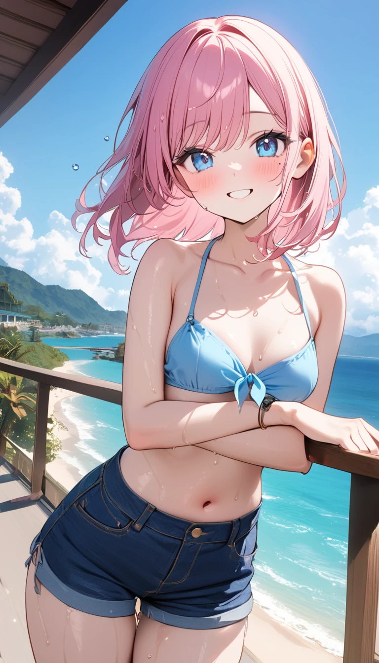 (1 girl),(Best Picture Quality, 8K, Masterpiece:1.3), (high  student:1.5), ((pink lob hair:1.1)), (bob cut),(swept bangs), (cute eyes, pupil black, iris skyblue, youthful face), (mole under right eye), (standard weight), (small breasts), (glistening skin:1.1),(pale skin:1.2),(pink micro bikini),(seaside),((Nymphet fashion:1.3)),(wet:1.1),((summer scene:1.2)),(magnificent view),(overlooking),(Smile).