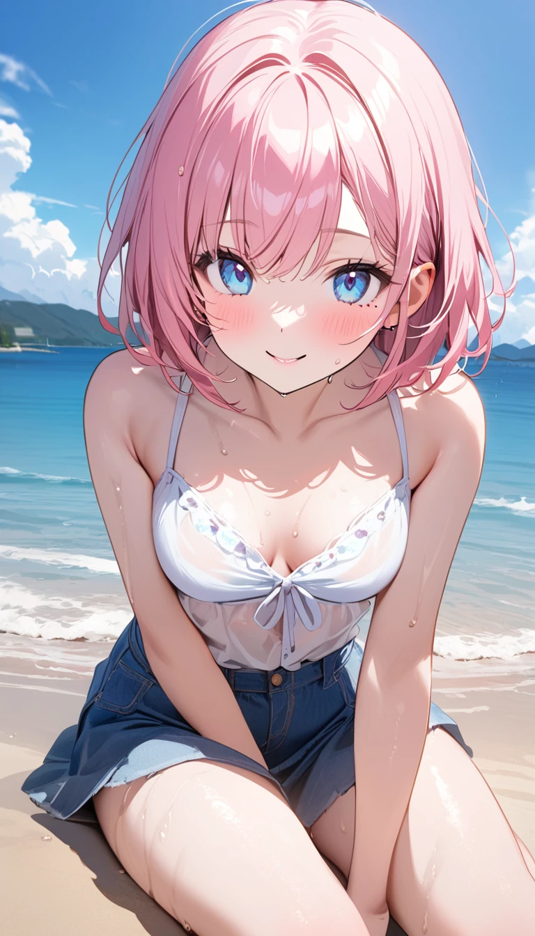 (1 girl),(Best Picture Quality, 8K, Masterpiece:1.3), (high  student:1.5), ((pink lob hair:1.1)), (bob cut),(swept bangs), (cute eyes, pupil black, iris skyblue, youthful face), (mole under right eye), (standard weight), (small breasts), (glistening skin:1.1),(pale skin:1.2),((Gyaru fashion:1.3)),(wet:1.1),((summer scene:1.2)),(magnificent view),(overlooking),(Smile).