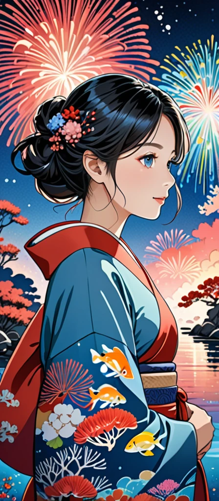 Microphotography, Anime girl made of glass in kimono silhouette, vibrant rainbow river, fireworks in night sky, colorful coral reefs, detailed illustration, Ukiyo-e style