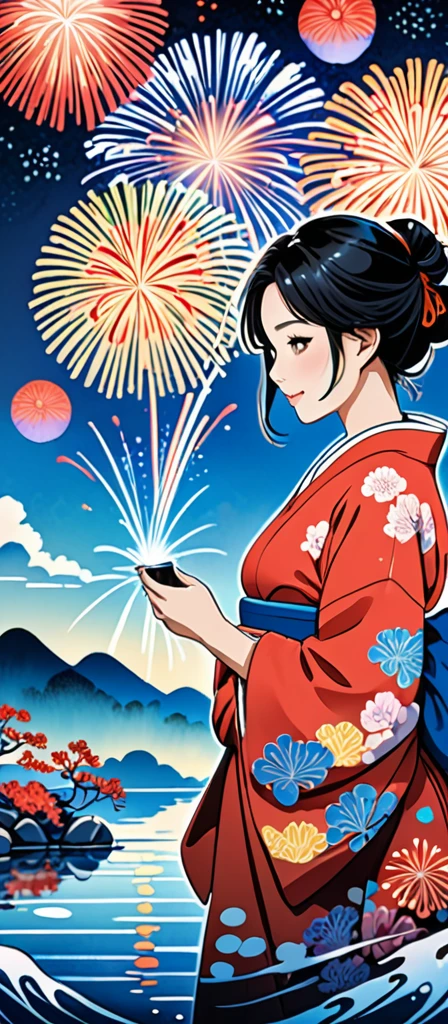 Microphotography, Anime girl made of glass in kimono silhouette, vibrant rainbow river, fireworks in night sky, colorful coral reefs, detailed illustration, Ukiyo-e style 