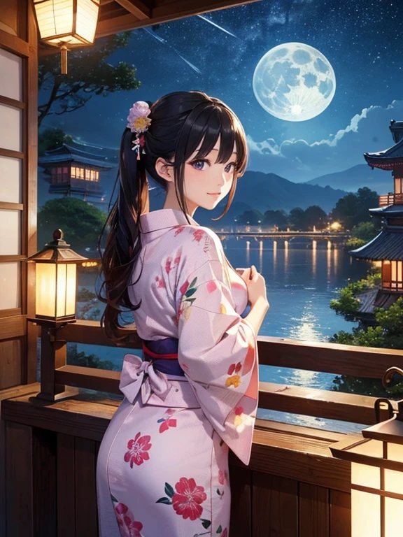 (Highest quality、masterpiece、High resolution、8K)、Vibrant colors、Japanese Festivals、Digital Art、City of night、A full moon in the distance、Midsummer evening、Beautiful yukata、