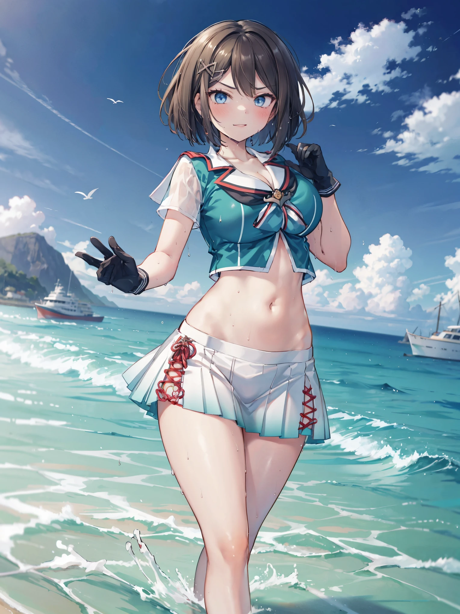 1young_teen_ girl, , brown_hair, medium_bob_hair, blue_midriff_baring_sailor_uniform, mini_skirt, short_sleeve, thighs, gigantic_breasts, angry, smile,nihil,standing, harbor_background, slightly_spread_Legs, happiness, short_gloves, wet,,covered_nipples, covered_crotch,Maya_flag,