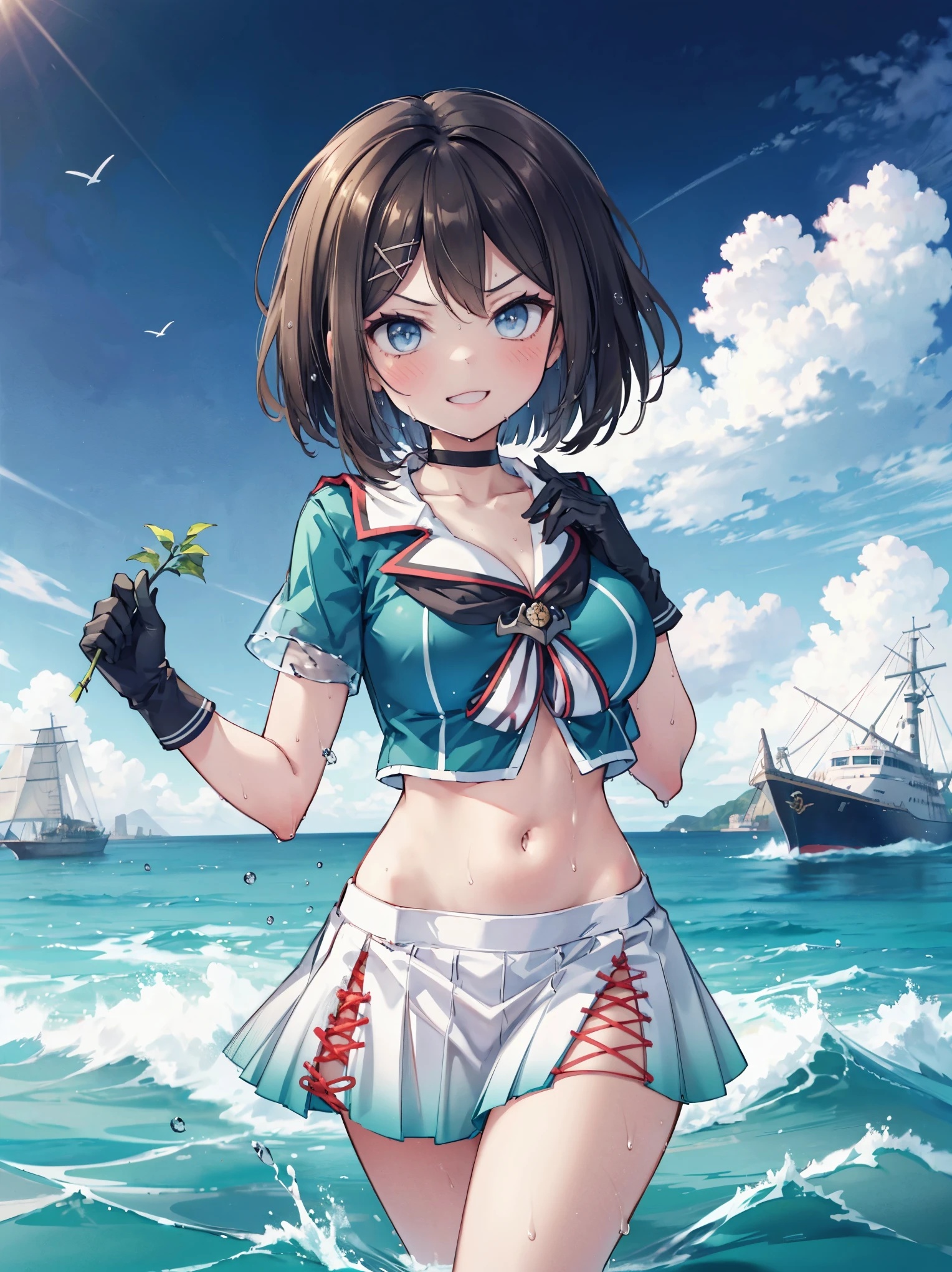 1young_teen_ girl, , brown_hair, medium_bob_hair, blue_midriff_baring_sailor_uniform, mini_skirt, short_sleeve, thighs, gigantic_breasts, angry, smile,nihil,standing, harbor_background, slightly_spread_Legs, happiness, short_gloves, wet,,covered_nipples, covered_crotch,Maya_flag,