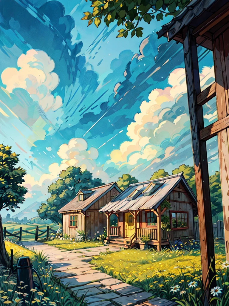 wide view, a yellow hut in countryside, white wooden fencing, yellow daisy fields, chinney, monsoon season, beautiful sky, stone path, vibrant color tones, outdoor dining setup, garden, ghibli style, no humans, scenery, landscape, long grass, outdoors, window, plant pots, masterpiece, high resolution 