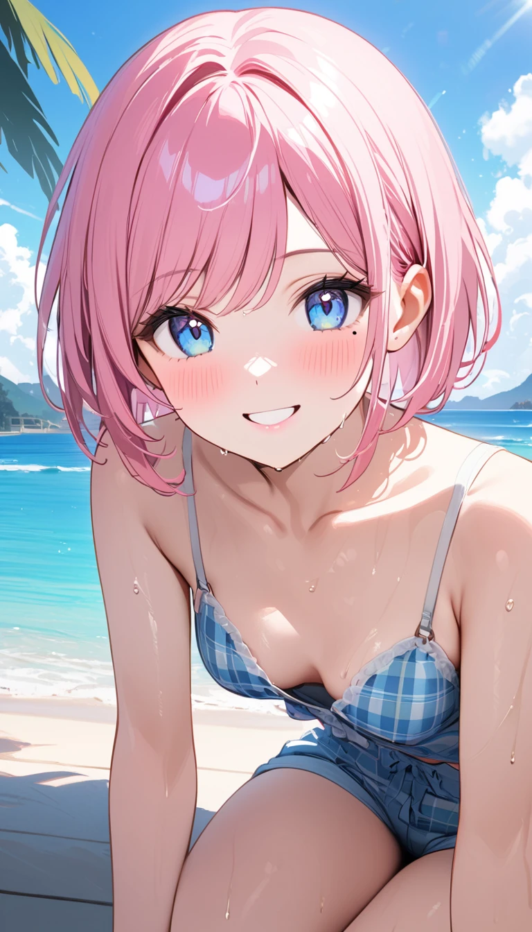 (1 girl),(Best Picture Quality, 8K, Masterpiece:1.3), (high school student:1.5), ((pink lob hair:1.1)), (bob cut),(swept bangs), (cute eyes, pupil black, iris skyblue, youthful face), (mole under right eye), (standard weight), (small breasts), (glistening skin:1.1),(pale skin:1.2),((Gyaru fashion:1.3)),(wet:1.1),((summer scene:1.2)),(magnificent view),(overlooking),(Smile).