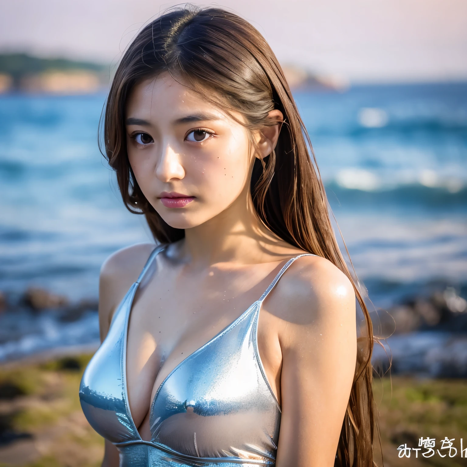 masterpiece、1 beautiful girl、 (reality: 1.4), Japanese、asian beauty、super beautiful、beautiful skin、thin、(full body)、(超reality的な)、(High resolution)、(8K)、(very detailed)、(Super detailed)、big eyes、brown eyes、long eyelashes、detailed face、gloss lip,bright lighting、professional lighting、looking at the camera、serious expression、look straight ahead、long hair、brown hair、sea landscape、Nogizaka Idol、actress、20-year-old、big breasts、big breasts、wet skin、silver latex suit、cleavage cutout、baby face、Moisturized and realistic skin texture、moist lips、natural shadows、(arms up),nsfw,