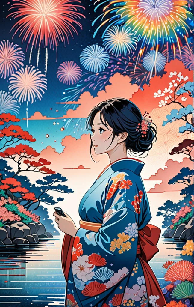 Microphotography, Anime girl made of glass in kimono silhouette, vibrant rainbow river, fireworks in night sky, colorful coral reefs, detailed illustration, Ukiyo-e style