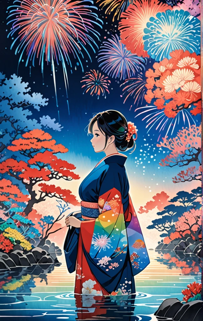 Microphotography, Anime girl made of glass in kimono silhouette, vibrant rainbow river, fireworks in night sky, colorful coral reefs, detailed illustration, Ukiyo-e style 