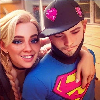 Young man hugs sexy blonde woman