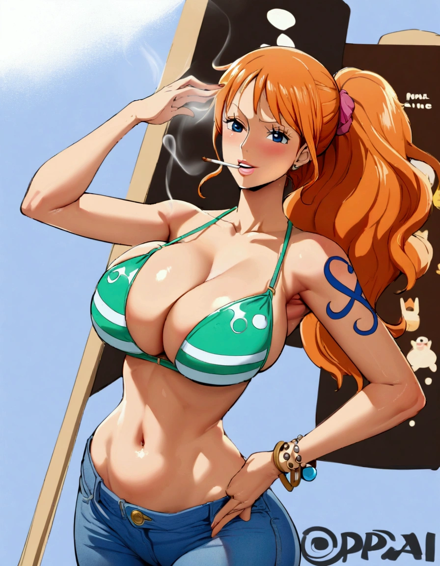 a cartoon picture of a woman in a bikini top and jeans, nami one piece, nami from one piece, nami, beautiful portrait of nami, from one piece, oppai, blue eyes, smoking, ponytail, nsfw