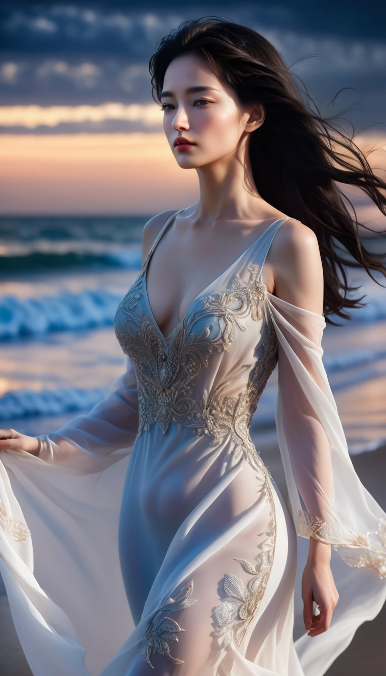 ((Masterpieces with up to 16K resolution:1.6)),Highest quality,it is really amazing,Very detailed,Ultra-high resolution,((Real:1.5)),((Realistic:1.5)),Increased depth of field,((Cinematic Light Effects:1.5)),
Elegant mature woman,Walking on the beach,
Long black hair,((Ultra-detailed and beautiful faces:1.5)),Translucent white skin,Very detailedな肌の質感,Great proportions,Anatomically correct body,
elegant beach dress,Artistic design,Beautiful and detailed pattern,Luxurious jewellery decoration,Detailed fabric texture,
Coastal landscape at dusk,Dark clouds and dark sky,delay々Continuing sandy beach, Deserted Beach,Dark sea surface,
((Face close-up:1.6)),