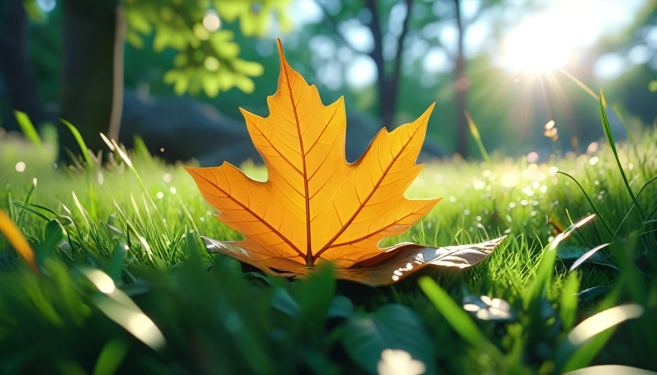 there is a leaf that is sitting on the ground in the grass, masterpiece. rendered in blender, 4 k masterpiece, 4k masterpiece, god\'s creation, masterpiece ; behance hd, close establishing shot, spiritual masterpiece, 2 0 2 1 cinematic 4 k framegrab, 8 k masterpiece, 8k masterpiece, bright light masterpiece, masterpiece 8 k