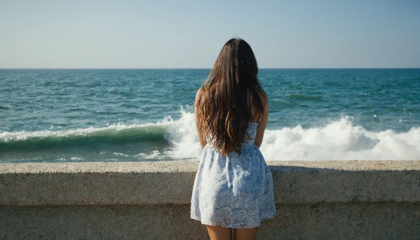 Beautiful woman watching the waves at sea