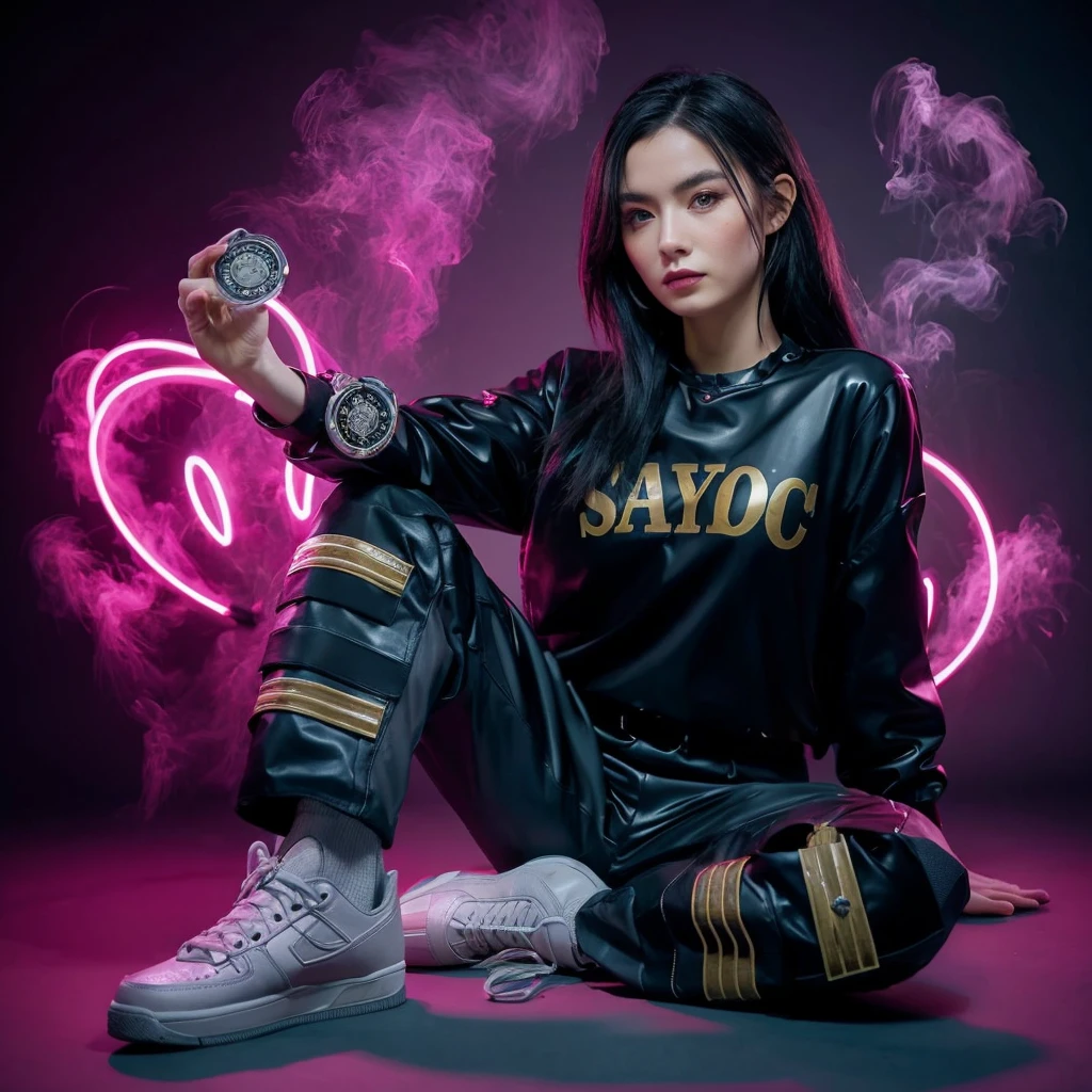 Extremely detailed, very sharp, best quality, female, Sophie Thatcher face, black rider latex suit, tall and lean body, harness, night, night street, lights, very short black haircut, dark makeup, pauldrons, holster,