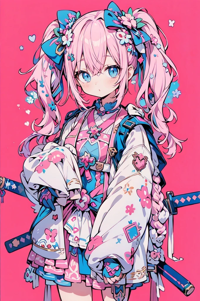 Anime girl with pink hair and blue eyes holding two swords, Decora style illustrations, Anime illustration, Anime Graphic Illustration, soft Anime illustration, Anime-style illustrations, digital Anime illustration, Anime fantasy illustration, Dreamy psychedelic anime, Beautiful and detailed anime art, Cute and detailed digital art, Digital art on pixiv, Cute and detailed artwork, Anime Style 4k, Anime-style artwork