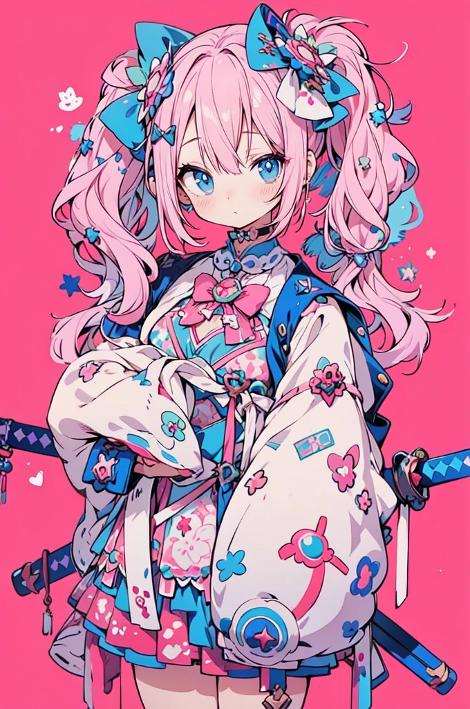 Anime girl with pink hair and blue eyes holding two swords, Decora style illustrations, Anime illustration, Anime Graphic Illustration, soft Anime illustration, Anime-style illustrations, digital Anime illustration, Anime fantasy illustration, Dreamy psychedelic anime, Beautiful and detailed anime art, Cute and detailed digital art, Digital art on pixiv, Cute and detailed artwork, Anime Style 4k, Anime-style artwork