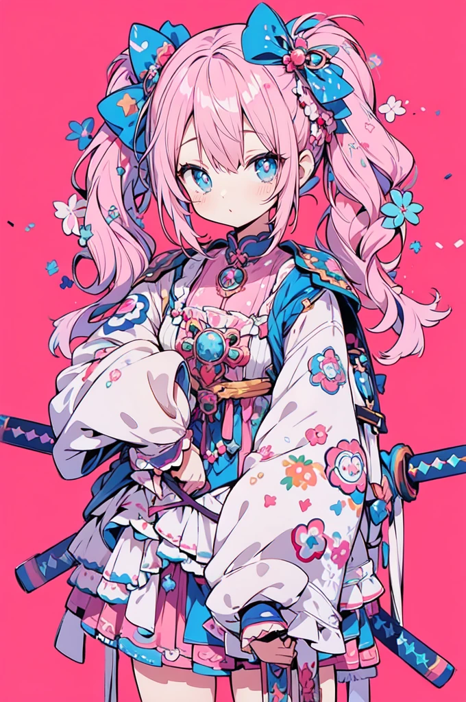 Anime girl with pink hair and blue eyes holding two swords, Decora style illustrations, Anime illustration, Anime Graphic Illustration, soft Anime illustration, Anime-style illustrations, digital Anime illustration, Anime fantasy illustration, Dreamy psychedelic anime, Beautiful and detailed anime art, Cute and detailed digital art, Digital art on pixiv, Cute and detailed artwork, Anime Style 4k, Anime-style artwork