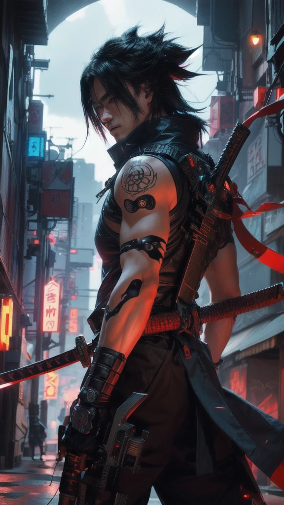 handsome character with sword in city at night, badass anime 8 k, anime cyberpunk art, very beautiful cyberpunk samurai, digital cyberpunk art, realistic