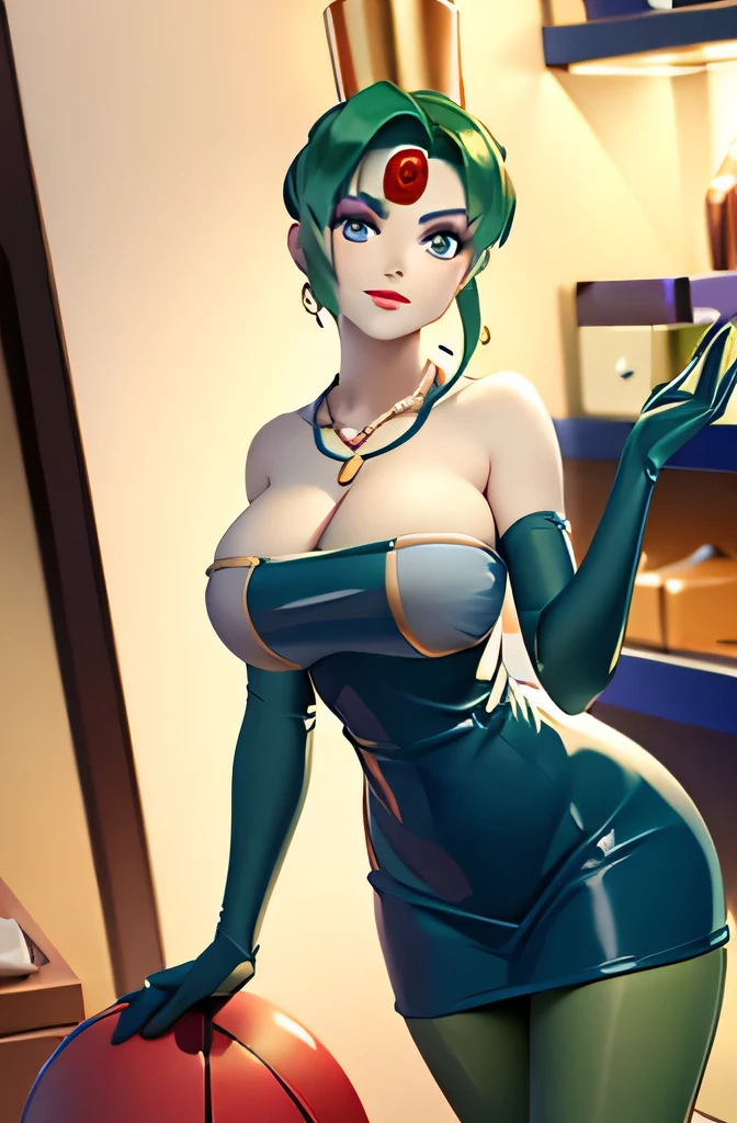 (masterpiece,best quality,ultra-delicate,Perfect Face,16k,high resolution,very beautiful woman), Atsugessho:1.3,deep green hair,blue latex bodycon dress, long latex gloves, green tights, large breasts,seductive pose:1.3, gold headpiece, pale blue skin, red gem on forehead, ((cosmetics counter)), holding large red ball on rope, necklace, smirk, (extremely glossy),cowboy shot