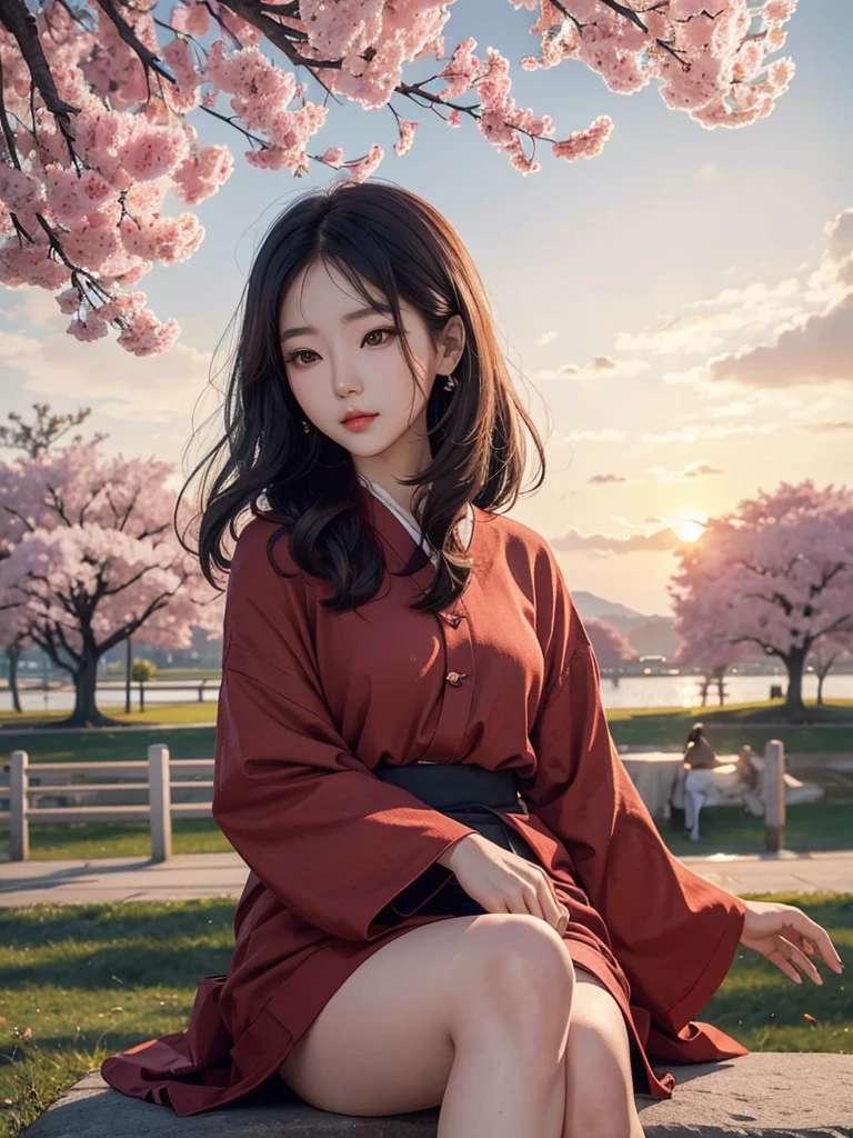 a beautiful Korean woman. sitting in a square admiring the cherry trees. at sunset. feeling the breeze of the wind.